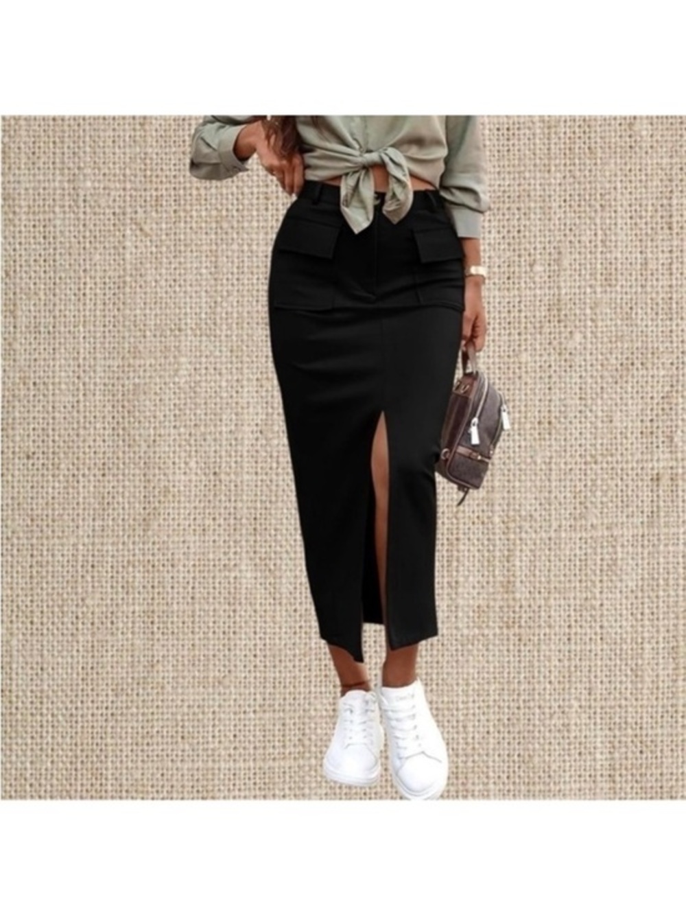 Sleek Black Pencil Midi Skirt with Front Slit and Pockets